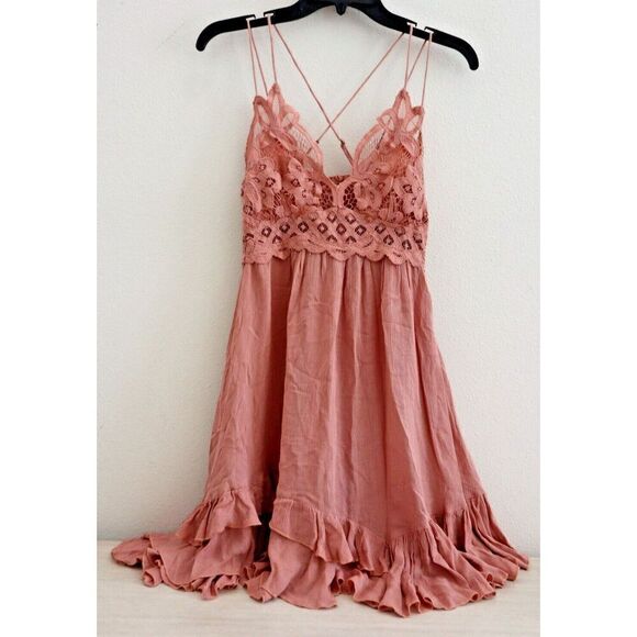 Intimately Free People Women's Sz S Rose Pink Adella Frilled Chemise Slip Dress - Picture 1 of 14